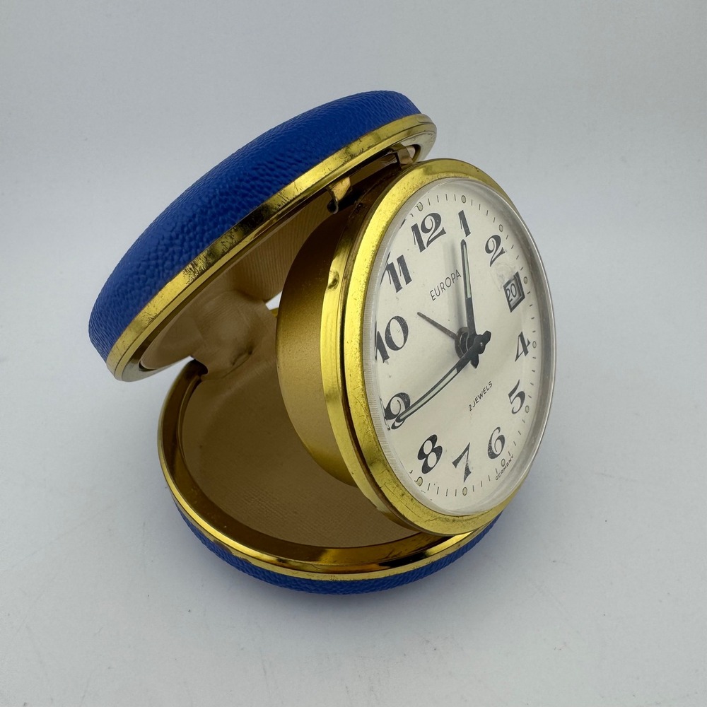 Europa Blue Vintage 2 Jewels Travel Alarm Clock Date Germany